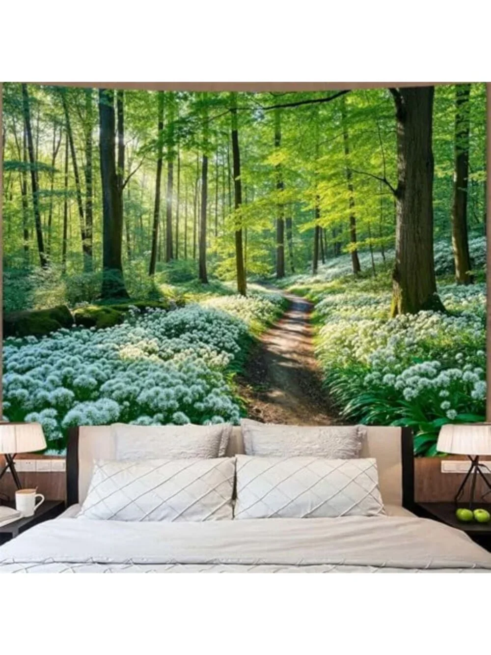 Large Nature Forest Tapestry - Green Tree & White Flower Wall Art for Aesthetic